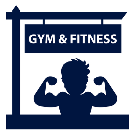 Blue Gym and Fitness Road Sign With Bodybuilder or Muscle Man Sign or Icon Isolated on White Backgroundの写真素材