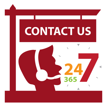 Red Contact Us and 24 7 365 Call Center Sign Icon, Sticker or Label Isolated on White Backgroundの写真素材