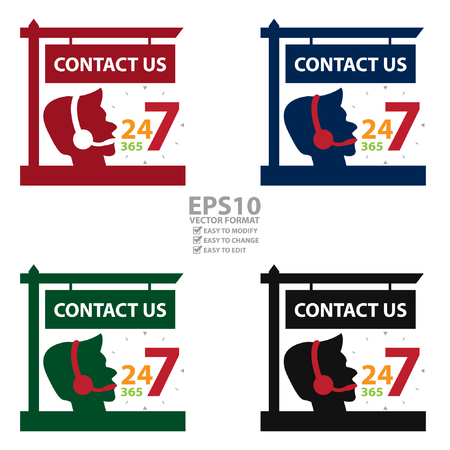 Vector : Contact Us and 24 7 365 Call Center Sign Icon, Sticker or Label Isolated on White Backgroundのイラスト素材