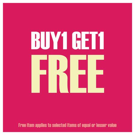 Red Square Buy1 Get1 Free, Free Item Applies to Selected Items of Equal or Lesser Value Poster, Leaflet, Handbill, Flyer Icon, Label or Sticker Isolated on White Backgroundの写真素材
