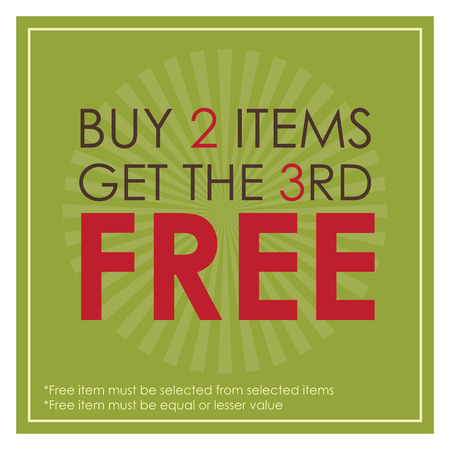 Green Square Buy 2 Items Get The 3rd Free Poster, Leaflet, Handbill, Flyer Icon, Label or Sticker Isolated on White Backgroundの写真素材