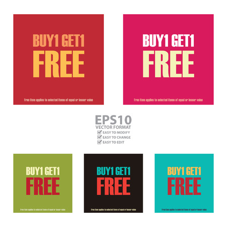 Vector : Square Buy1 Get1 Free, Free Item Applies to Selected Items of Equal or Lesser Value Poster, Leaflet, Handbill, Flyer Icon, Label or Sticker Isolated on White Backgroundのイラスト素材