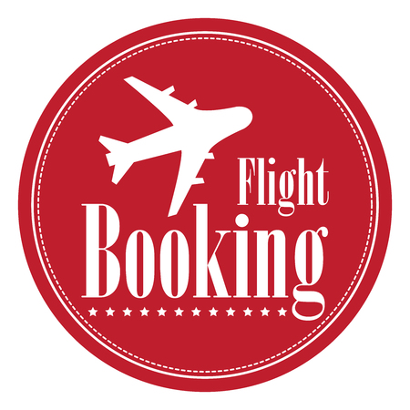 Red Circle Vintage Style Flight Booking Icon, Label, Button or Sticker Isolated on White Backgroundの写真素材