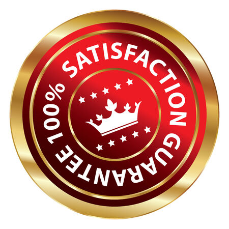 Red and Gold Circle Metallic 100 Percent Satisfaction Guarantee Icon, Button, Label or Sticker Isolated on White Backgroundの写真素材