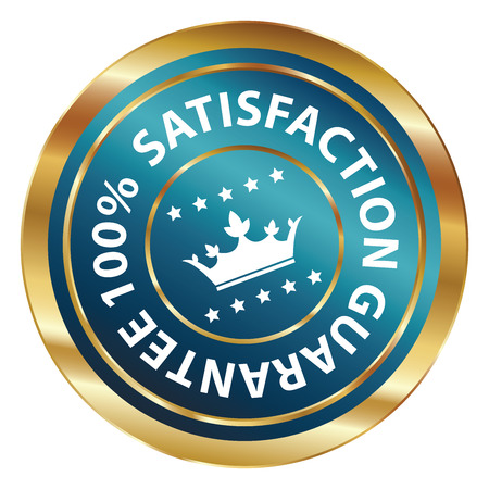 Blue and Gold Circle Metallic 100 Percent Satisfaction Guarantee Icon, Button, Label or Sticker Isolated on White Backgroundの写真素材