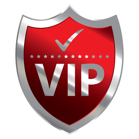 Red Metallic Shield With VIP Sign Isolated on White Backgroundの写真素材