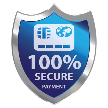 Blue Metallic Shield With 100 Percent Secure Payment Sign Isolated on White Backgroundの写真素材