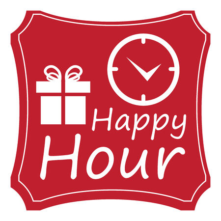 Red Vintage Style Happy Hour Icon, Label, Button or Sticker Isolated on White Backgroundの写真素材