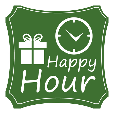 Green Vintage Style Happy Hour Icon, Label, Button or Sticker Isolated on White Backgroundの写真素材