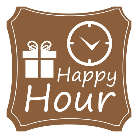 Brown Vintage Style Happy Hour Icon, Label, Button or Sticker Isolated on White Backgroundの写真素材