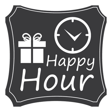 Black Vintage Style Happy Hour Icon, Label, Button or Sticker Isolated on White Backgroundの写真素材