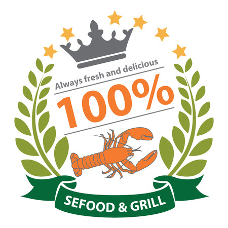 Seafood and Grill, Always Fresh and Delicious 100 Percent Sticker, Icon or Label Isolated on White Backgroundの写真素材