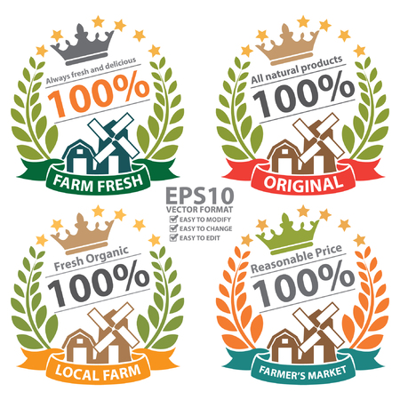 Vector : 100% Farm Fresh Always Fresh and Delicious, 100% Original All Natural Products, 100% Local Farm Fresh Organic and 100% Farmers Market Reasonable Price Sticker, Icon or Labelのイラスト素材