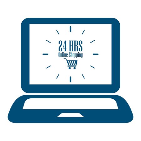 Blue Computer Notebook or Laptop With 24 HRS Online Shopping on Screen Icon or Label Isolated on White Backgroundの写真素材