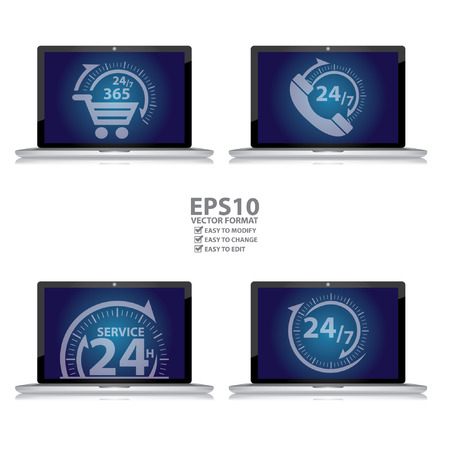Graphic for E-Commerce Concept, Computer Laptop With 24/7 365 Days Shopping Sign, 24/7 Customer Support or Call Center Sign, 24H Service Sign and Open 24/7 Sign on Blue Screen Isolated on Whiteのイラスト素材