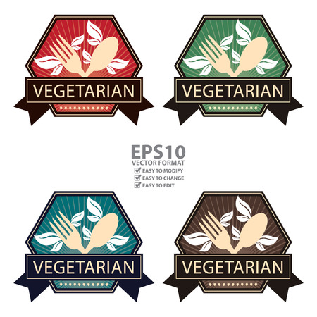 Vector : Hexagon Vintage Style Vegetarian Icon, Sticker, Badge or Label Isolated on White Backgroundのイラスト素材