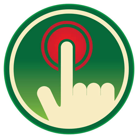 Green Vintage Style Push Or Click Icon, Badge, Label, Button or Sticker With Hand Pointer Sign Isolated on White Backgroundの写真素材
