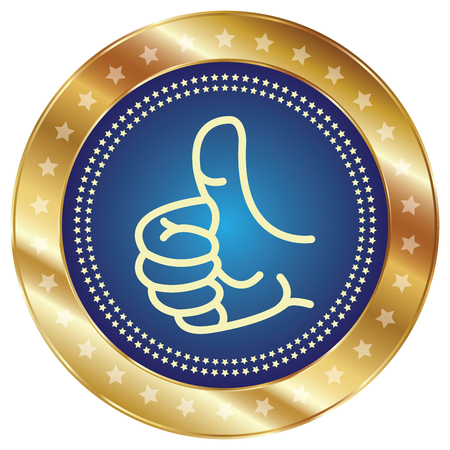 Blue and Gold Metallic Thumb Up Icon, Button or Label Isolated on White Backgroundの写真素材