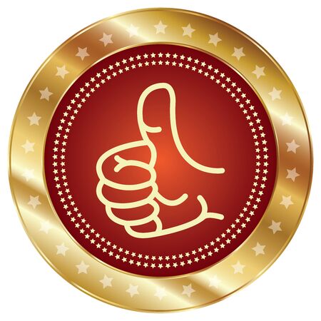 Red and Gold Metallic Thumb Up Icon, Button or Label Isolated on White Backgroundの写真素材