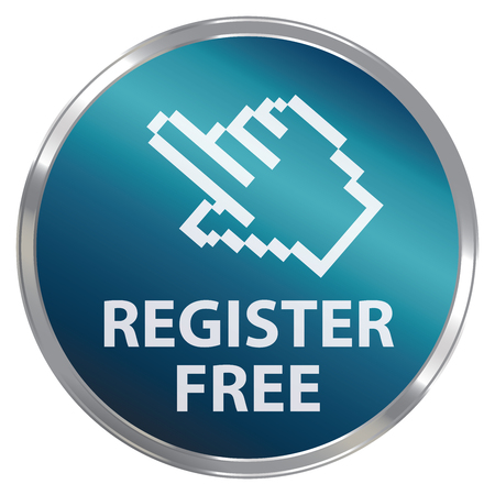 Graphic for Business, Online Business or E-Commerce Present By Blue Metallic Style Register Free Icon, Badge, Label, Button or Sticker Isolated on White Backgroundの写真素材