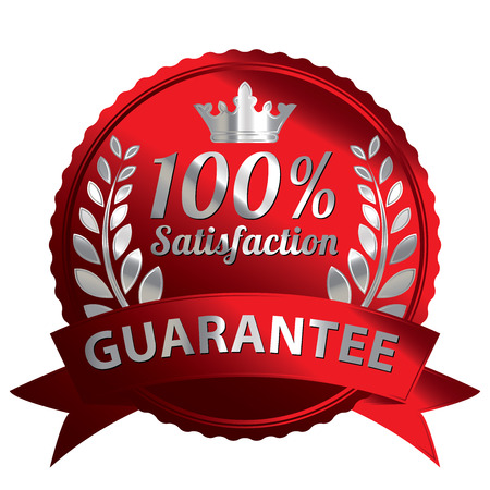 Red Metallic Style 100 Percent Satisfaction Guarantee Icon Badge Label or Sticker Isolated on White Backgroundの写真素材