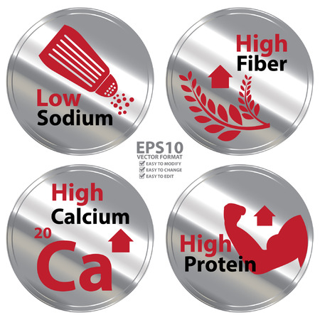 Vector : Silver Metallic Style Low Sodium High Fiber High Calcium and High Protein Icon Badge Label or Sticker for Healthy Medical and Healthcare Diet or Product Information Conceptのイラスト素材