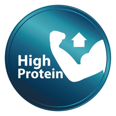 Blue Circle Glossy High Protein Banner Sign Tag Label Sticker or Icon Isolated on White Backgroundの写真素材