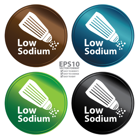 Vector : Colorful Metallic Style Low Sodium Icon Badge Label or Sticker for Healthy Medical and Healthcare Weight Loss Diet Fitness Product or Product Information Concept Isolated on Whiteのイラスト素材