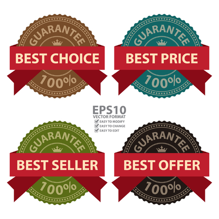 Vector : Colorful Vintage Style Best Choice Best Price Best Seller and Best Offer Guarantee 100 Percent Icon Badge Label Stamp or Sticker Isolated on White Backgroundのイラスト素材