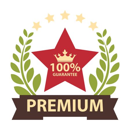 100 Guarantee Premium Wheat Laurel Wreath Ribbon Label Sticker or Icon Isolated on White Backgroundの写真素材