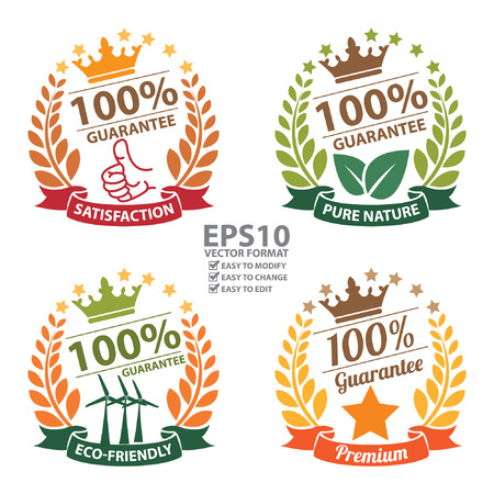 Vector : Satisfaction Pure Nature EcoFriendly and Premium 100 Percent Guarantee Sticker Icon or Label Isolated on White Backgroundのイラスト素材