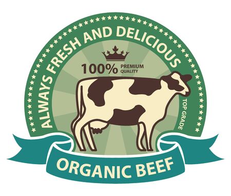 Product Information Material Green Organic Beef 100 Percent Premium Quality Always Fresh and Delicious Sticker Rubber Stamp Icon Tagの写真素材
