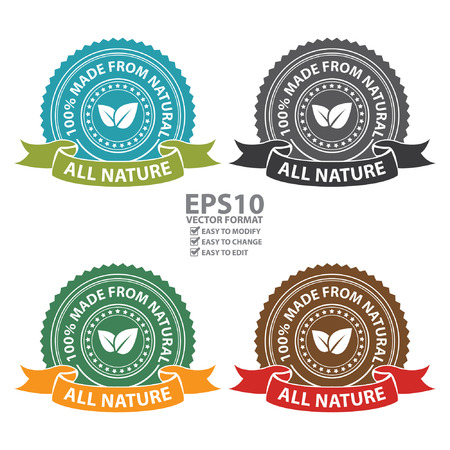 Vector : Product Information Material Blue Black Green and Brown All Nature 100 Percent Made From Natural Sticker Stamp Icon Tag Badge or Label Isolated on White Backgroundのイラスト素材