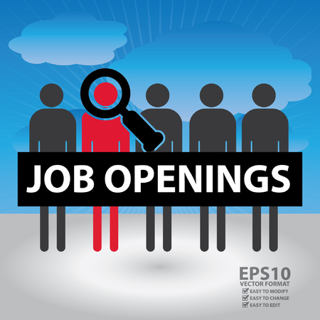 Vector : Group of Candidate With Magnifying Glass and Job Openings Sign in Blue Sky Backgroundのイラスト素材