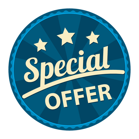 Blue Circle Vintage or Retro Style Special Offer Icon Sticker Badge Tag or Label Isolated on White Backgroundの写真素材