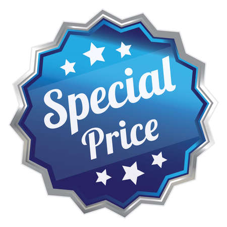 Blue Metallic Special Price Icon Label Sticker Sign or Banner Isolated on White Backgroundの写真素材