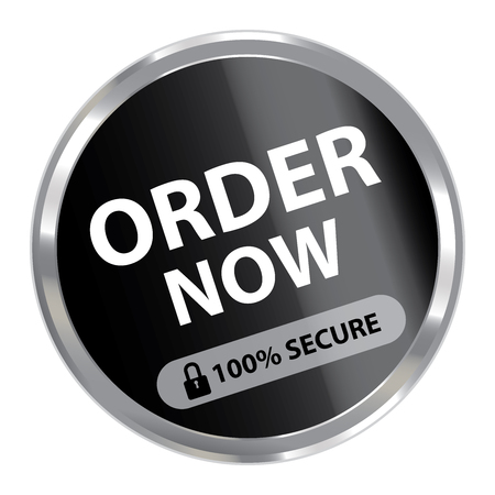 Black Circle Metallic Style Order Now 100 Percent Secure Icon Button or Label Isolated on White Backgroundの写真素材