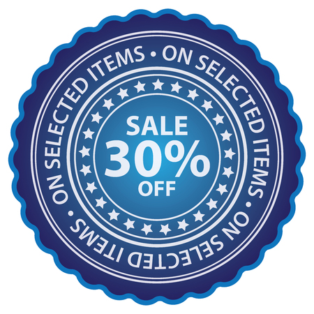 Blue Glossy Style Sale 30 Off On Selected Items Sticker Label Tag or Icon Isolated on White Backgroundの写真素材