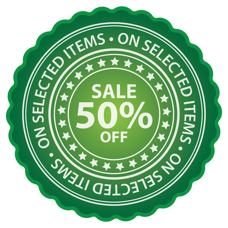 Green Glossy Style Sale 50 Off On Selected Items Sticker Label Tag or Icon Isolated on White Backgroundの写真素材