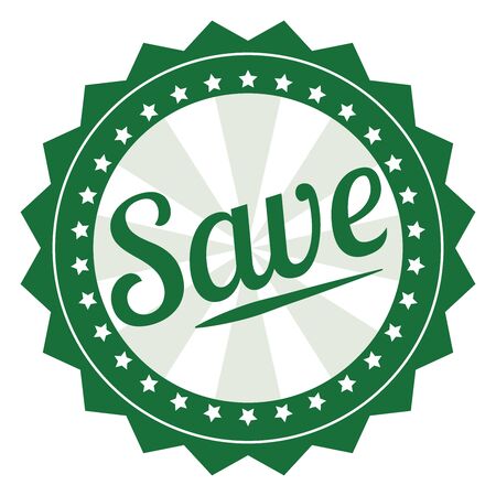 Green Save Icon Label Sticker Sign or Banner Isolated on White Backgroundの写真素材