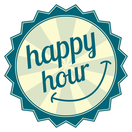 Blue Vintage Style Happy Hour Icon Sticker or Label Isolated on White Backgroundの写真素材