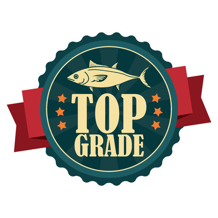 Blue Vintage Top Grade Fish Icon Badge Sticker or Label Isolated on White Backgroundの写真素材