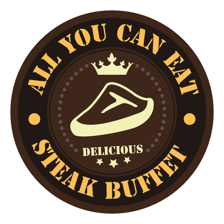 Brown Vintage Style All You Can Eat Steak Buffet Icon Badge Sticker or Label Isolated on White Backgroundの写真素材