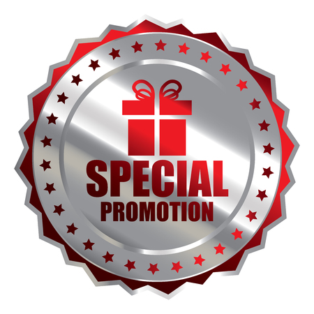 Red Silver Metallic Special Promotion Icon Badge Sticker or Label Isolated on White Backgroundの写真素材
