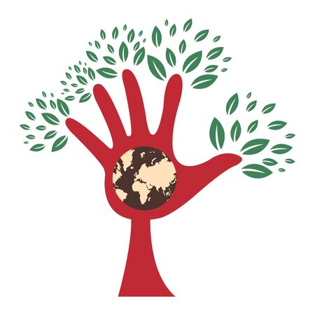 Red Hand Tree With Earth Sign Inside Isolated on White Backgroundの写真素材