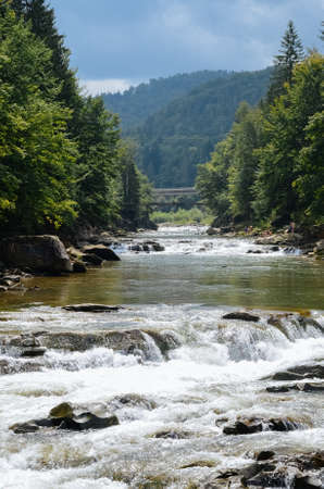 Mountain River in Carpathians Ukraine. Village Vorohtaの写真素材