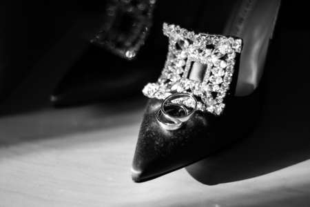 Wedding items. Wedding rings on red boxの写真素材