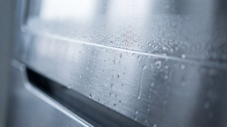 Macro photo of a wet metallic surface covered with fine water droplets, reflecting cold light. Perfect for industrial aesthetics, freshness, and contrast in material design.の素材