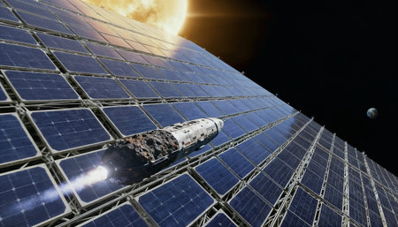 Futuristic spacecraft glides near massive solar panels orbiting the Sun, symbolizing advanced clean energy and human exploration.の素材