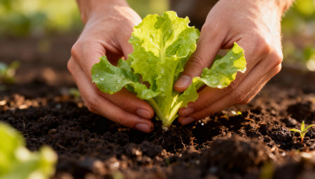 Hands planting fresh green lettuce in soil, with water droplets on leaves. Concept of organic farming and sustainable living.の素材